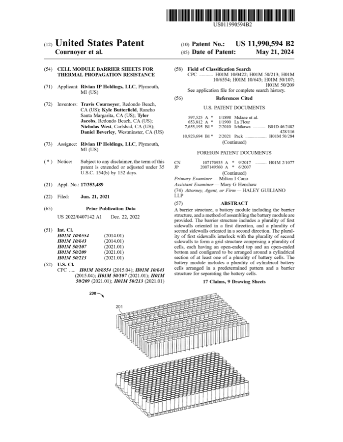Preview of Battery Module Corrugated Nomex Barriers patent cover page.